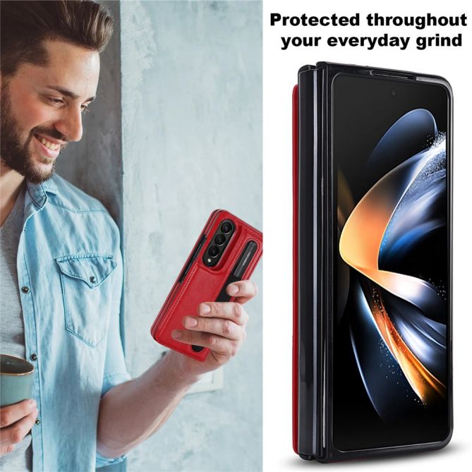 ZD019 Card Slots Kickstand Cover for Samsung Galaxy Z Fold4 5G , PU Leather+PC Folding Phone Case with Pen Holder