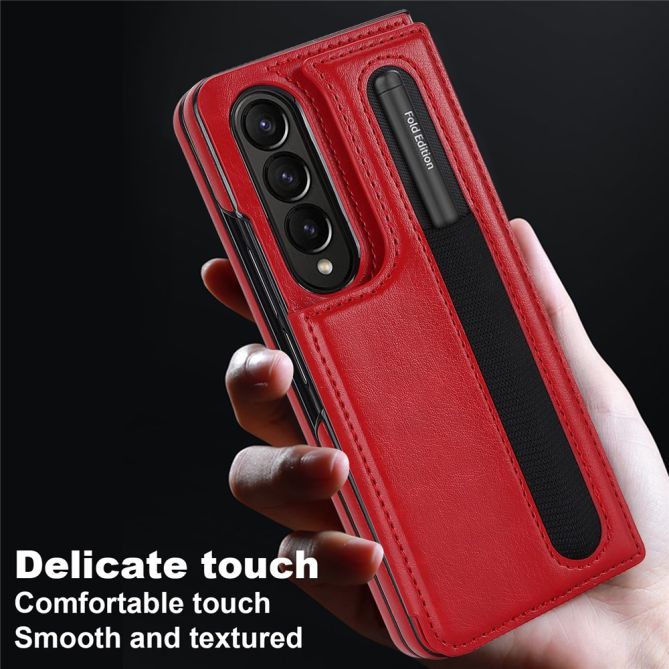 ZD019 Card Slots Kickstand Cover for Samsung Galaxy Z Fold4 5G , PU Leather+PC Folding Phone Case with Pen Holder
