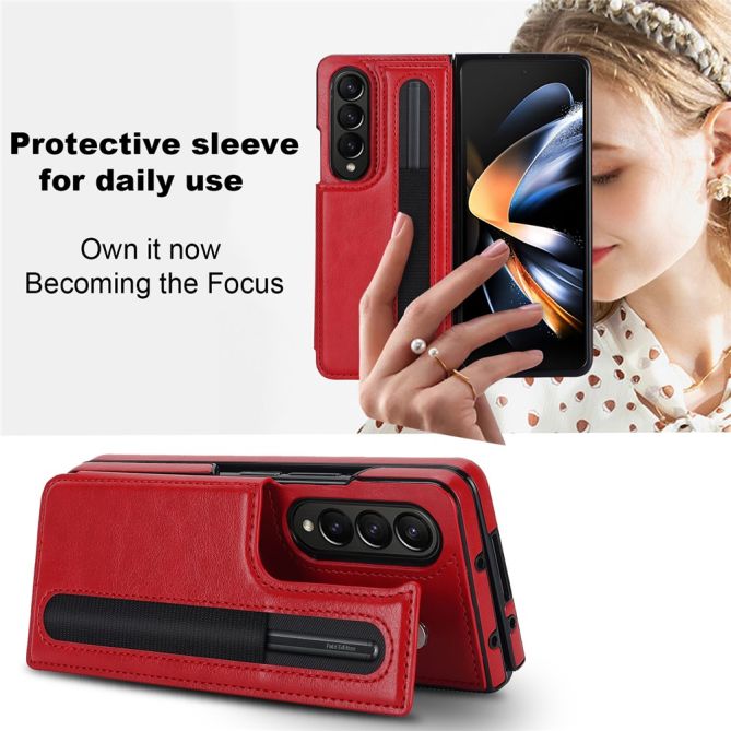 ZD019 Card Slots Kickstand Cover for Samsung Galaxy Z Fold4 5G , PU Leather+PC Folding Phone Case with Pen Holder