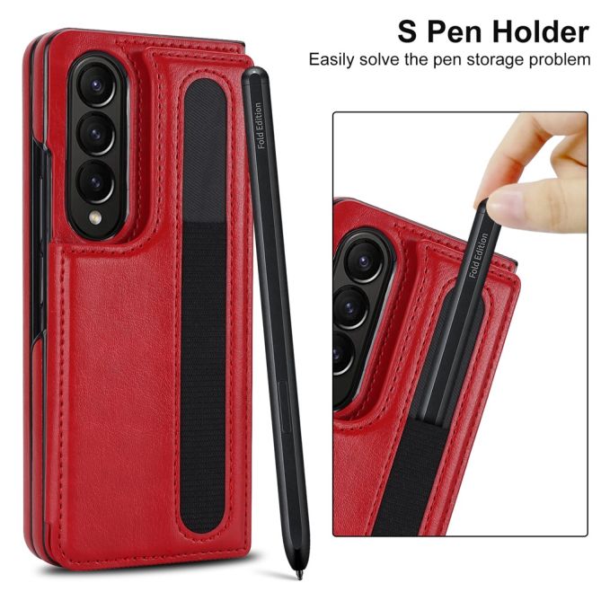 ZD019 Card Slots Kickstand Cover for Samsung Galaxy Z Fold4 5G , PU Leather+PC Folding Phone Case with Pen Holder