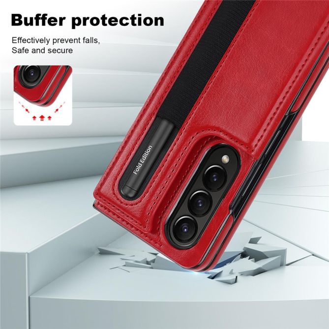 ZD019 Card Slots Kickstand Cover for Samsung Galaxy Z Fold4 5G , PU Leather+PC Folding Phone Case with Pen Holder