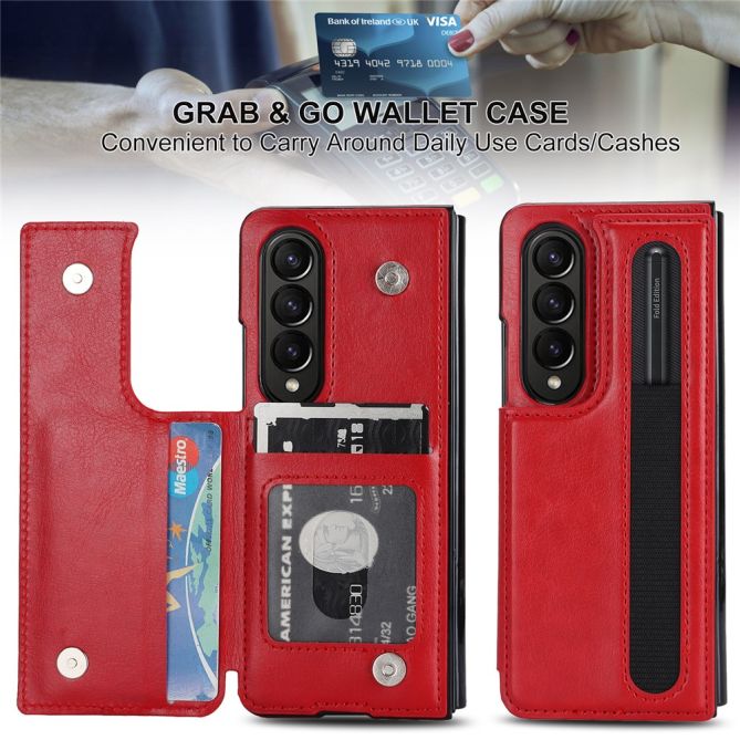 ZD019 Card Slots Kickstand Cover for Samsung Galaxy Z Fold4 5G , PU Leather+PC Folding Phone Case with Pen Holder