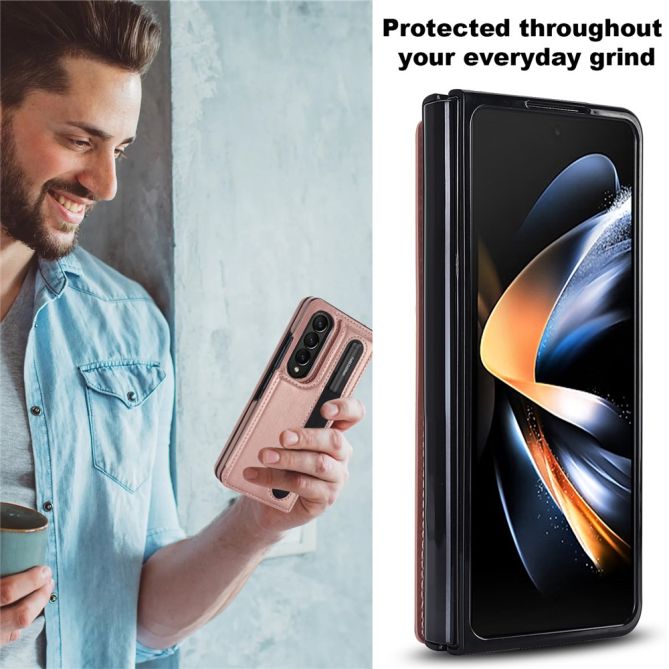 ZD019 Card Slots Kickstand Cover for Samsung Galaxy Z Fold4 5G , PU Leather+PC Folding Phone Case with Pen Holder