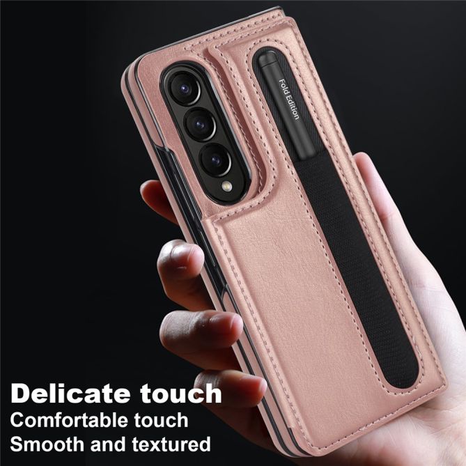 ZD019 Card Slots Kickstand Cover for Samsung Galaxy Z Fold4 5G , PU Leather+PC Folding Phone Case with Pen Holder