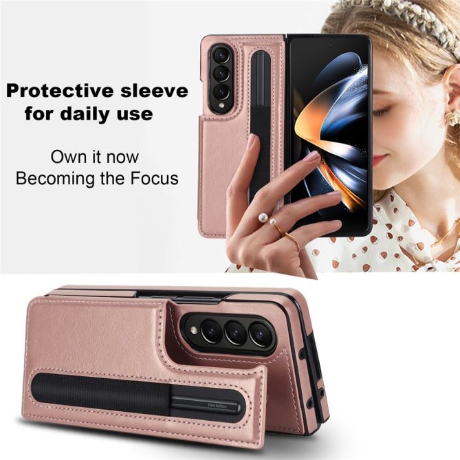 ZD019 Card Slots Kickstand Cover for Samsung Galaxy Z Fold4 5G , PU Leather+PC Folding Phone Case with Pen Holder