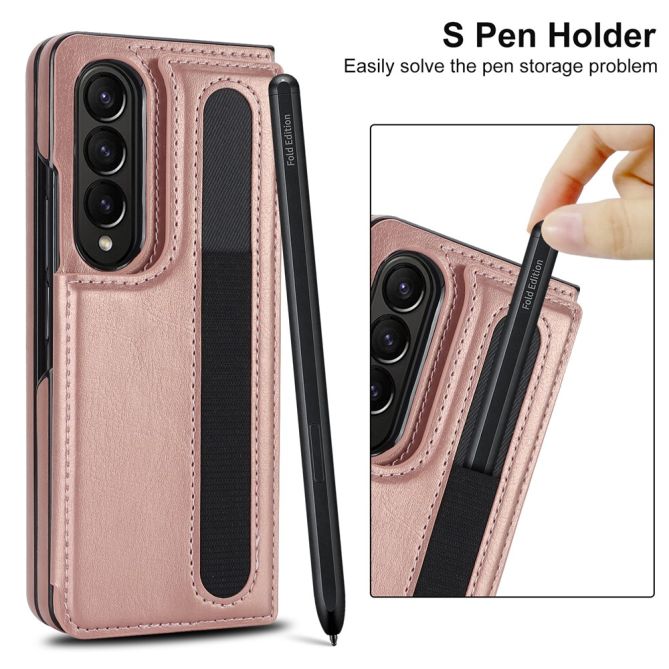 ZD019 Card Slots Kickstand Cover for Samsung Galaxy Z Fold4 5G , PU Leather+PC Folding Phone Case with Pen Holder