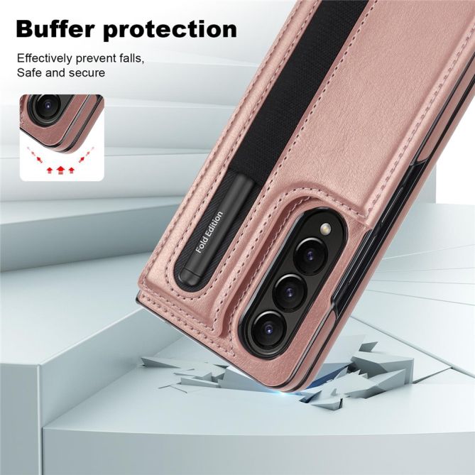 ZD019 Card Slots Kickstand Cover for Samsung Galaxy Z Fold4 5G , PU Leather+PC Folding Phone Case with Pen Holder