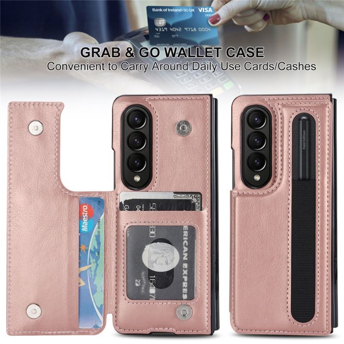 ZD019 Card Slots Kickstand Cover for Samsung Galaxy Z Fold4 5G , PU Leather+PC Folding Phone Case with Pen Holder