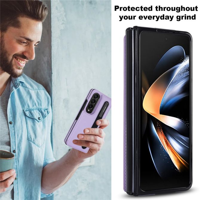 ZD019 Card Slots Kickstand Cover for Samsung Galaxy Z Fold4 5G , PU Leather+PC Folding Phone Case with Pen Holder