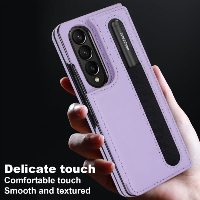 ZD019 Card Slots Kickstand Cover for Samsung Galaxy Z Fold4 5G , PU Leather+PC Folding Phone Case with Pen Holder