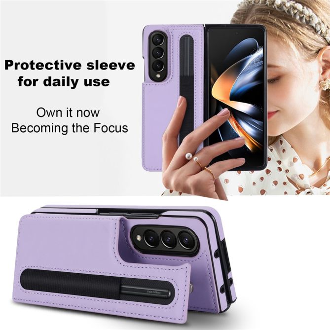 ZD019 Card Slots Kickstand Cover for Samsung Galaxy Z Fold4 5G , PU Leather+PC Folding Phone Case with Pen Holder