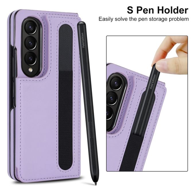ZD019 Card Slots Kickstand Cover for Samsung Galaxy Z Fold4 5G , PU Leather+PC Folding Phone Case with Pen Holder