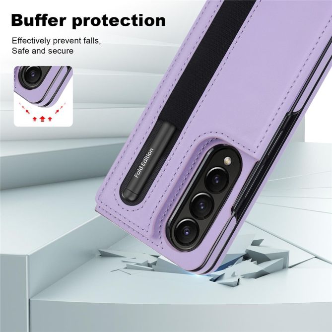 ZD019 Card Slots Kickstand Cover for Samsung Galaxy Z Fold4 5G , PU Leather+PC Folding Phone Case with Pen Holder