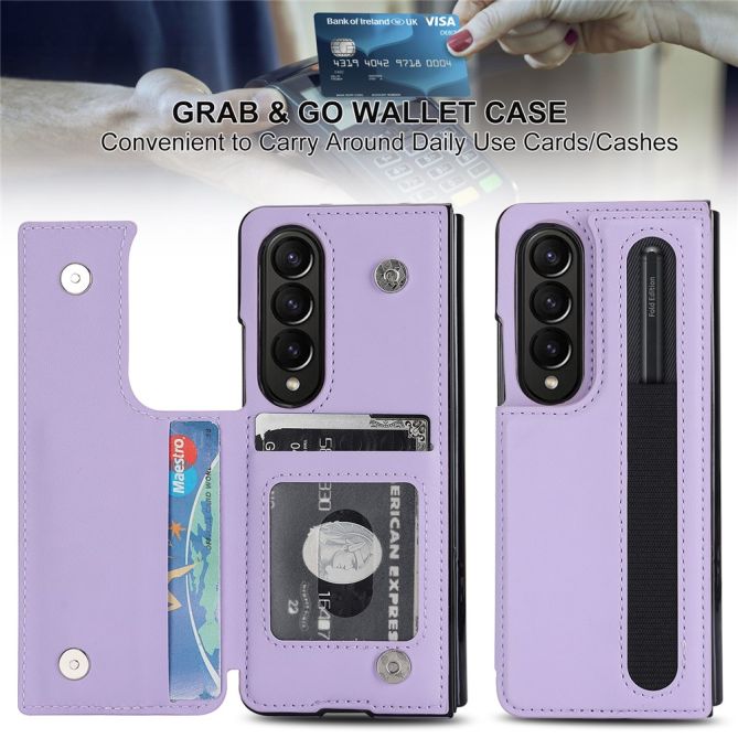 ZD019 Card Slots Kickstand Cover for Samsung Galaxy Z Fold4 5G , PU Leather+PC Folding Phone Case with Pen Holder