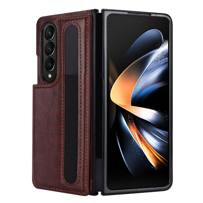 ZD019 Card Slots Kickstand Cover for Samsung Galaxy Z Fold4 5G , PU Leather+PC Folding Phone Case with Pen Holder