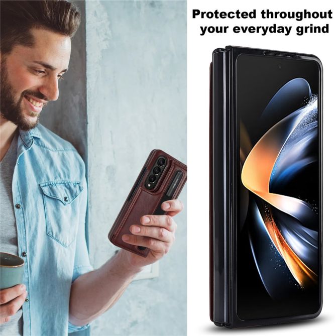 ZD019 Card Slots Kickstand Cover for Samsung Galaxy Z Fold4 5G , PU Leather+PC Folding Phone Case with Pen Holder