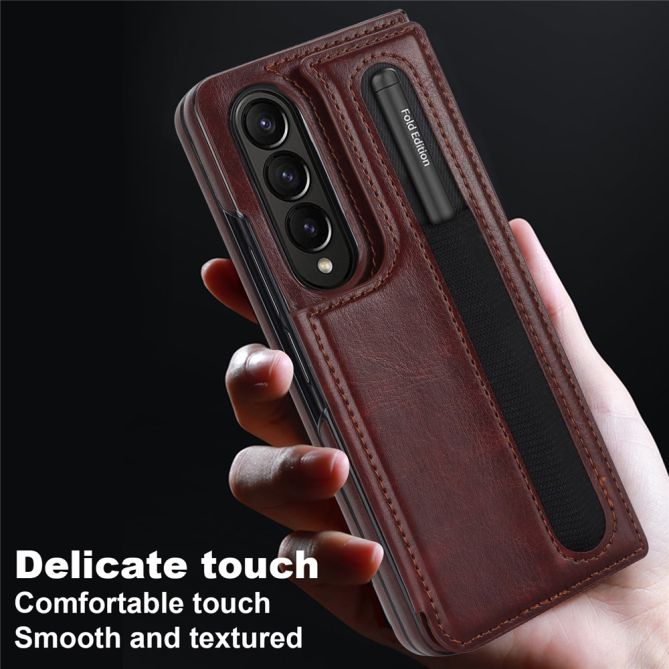 ZD019 Card Slots Kickstand Cover for Samsung Galaxy Z Fold4 5G , PU Leather+PC Folding Phone Case with Pen Holder