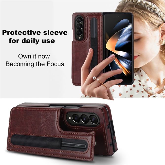 ZD019 Card Slots Kickstand Cover for Samsung Galaxy Z Fold4 5G , PU Leather+PC Folding Phone Case with Pen Holder