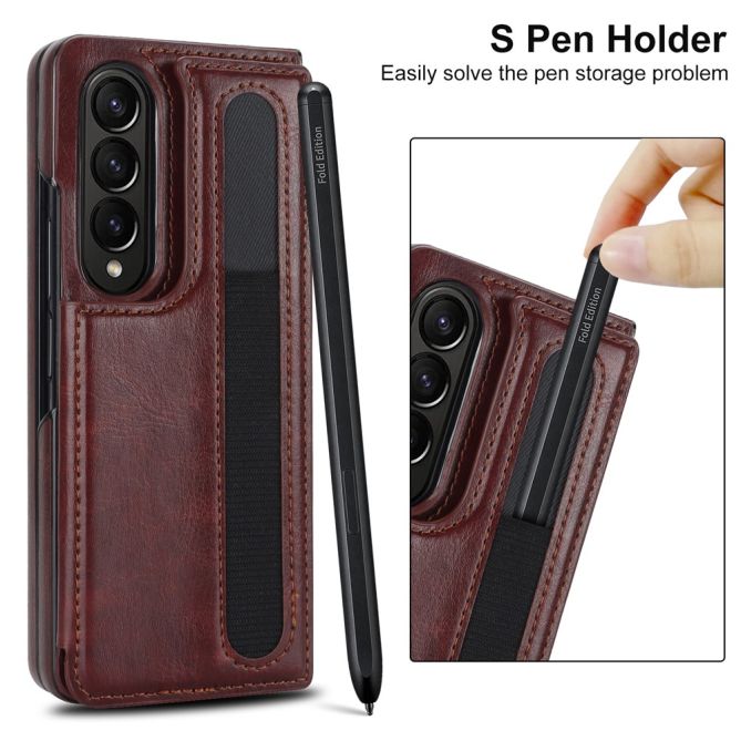 ZD019 Card Slots Kickstand Cover for Samsung Galaxy Z Fold4 5G , PU Leather+PC Folding Phone Case with Pen Holder