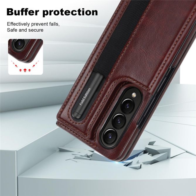 ZD019 Card Slots Kickstand Cover for Samsung Galaxy Z Fold4 5G , PU Leather+PC Folding Phone Case with Pen Holder