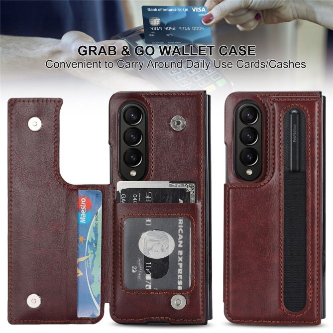 ZD019 Card Slots Kickstand Cover for Samsung Galaxy Z Fold4 5G , PU Leather+PC Folding Phone Case with Pen Holder