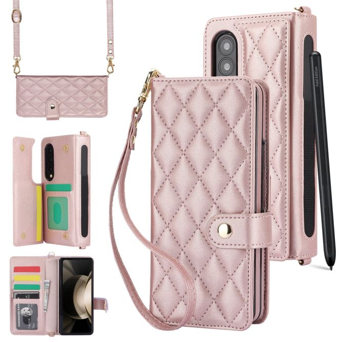 ZD 028 Shockproof Case for Samsung Galaxy Z Fold4 5G PC+PU Leather Wallet Phone Cover with Straps