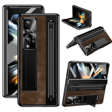 For Samsung Galaxy Z Fold4 5G Retro Phone Case Kickstand Cover with Tempered Glass Film and Stylus Pen