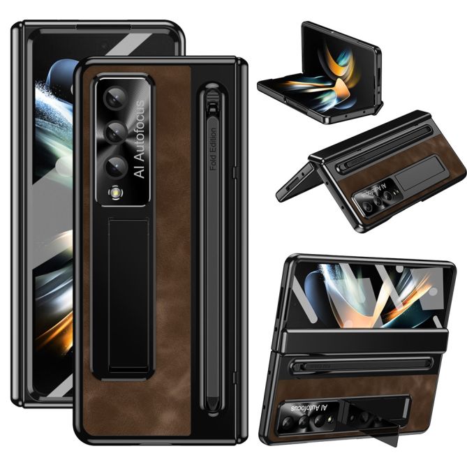 For Samsung Galaxy Z Fold4 5G Retro Phone Case Kickstand Cover with Tempered Glass Film and Stylus Pen
