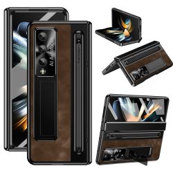 For Samsung Galaxy Z Fold4 5G Retro Phone Case Kickstand Cover with Tempered Glass Film and Stylus Pen