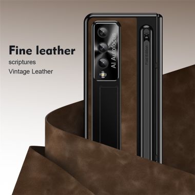 For Samsung Galaxy Z Fold4 5G Retro Phone Case Kickstand Cover with Tempered Glass Film and Stylus Pen