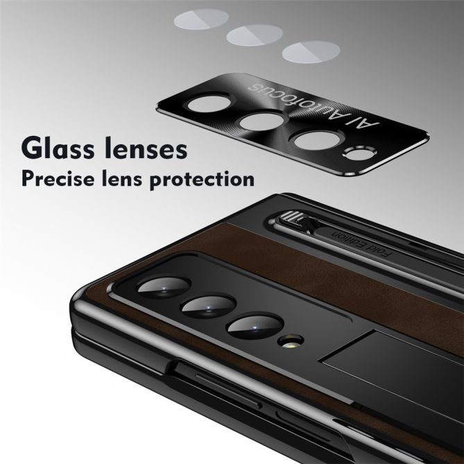 For Samsung Galaxy Z Fold4 5G Retro Phone Case Kickstand Cover with Tempered Glass Film and Stylus Pen
