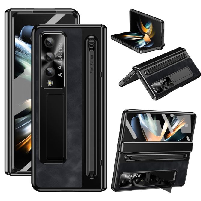 For Samsung Galaxy Z Fold4 5G Retro Phone Case Kickstand Cover with Tempered Glass Film and Stylus Pen