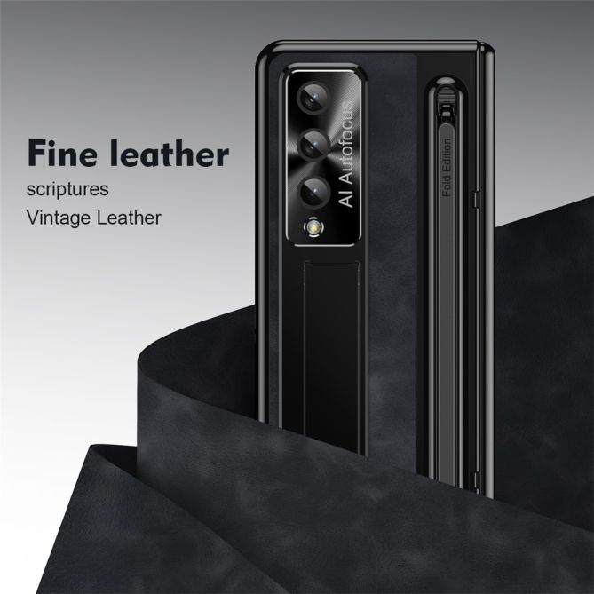 For Samsung Galaxy Z Fold4 5G Retro Phone Case Kickstand Cover with Tempered Glass Film and Stylus Pen