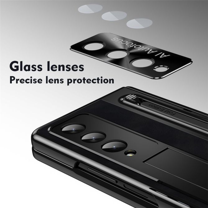 For Samsung Galaxy Z Fold4 5G Retro Phone Case Kickstand Cover with Tempered Glass Film and Stylus Pen