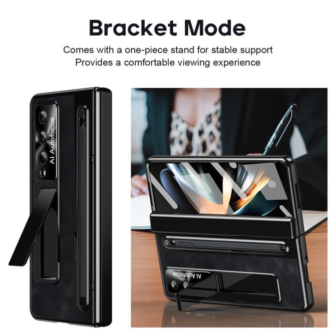 For Samsung Galaxy Z Fold4 5G Retro Phone Case Kickstand Cover with Tempered Glass Film and Stylus Pen