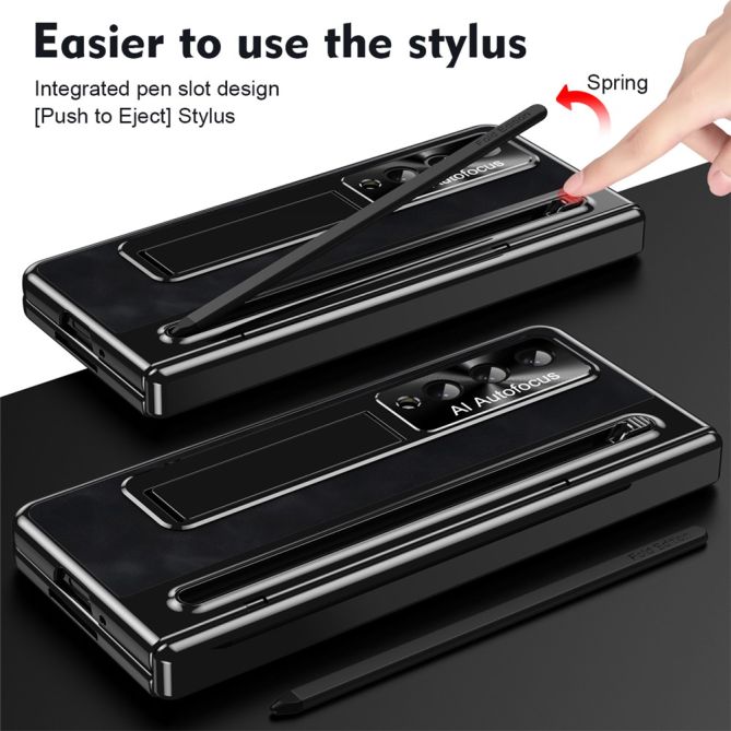For Samsung Galaxy Z Fold4 5G Retro Phone Case Kickstand Cover with Tempered Glass Film and Stylus Pen