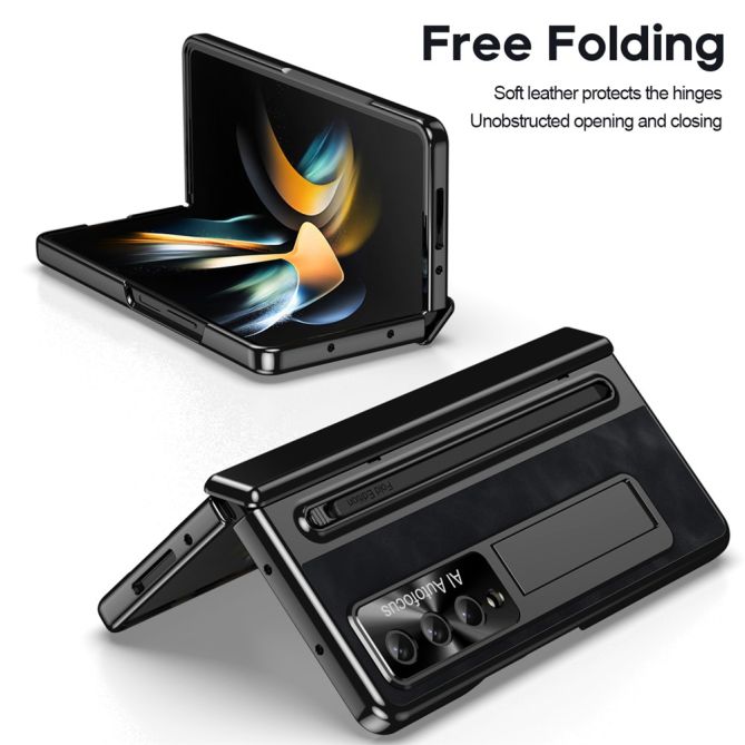 For Samsung Galaxy Z Fold4 5G Retro Phone Case Kickstand Cover with Tempered Glass Film and Stylus Pen