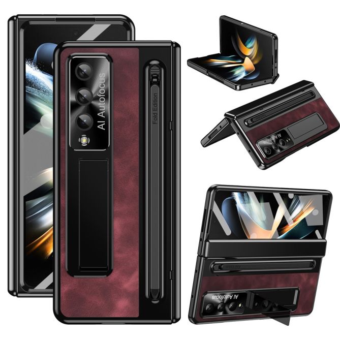 For Samsung Galaxy Z Fold4 5G Retro Phone Case Kickstand Cover with Tempered Glass Film and Stylus Pen