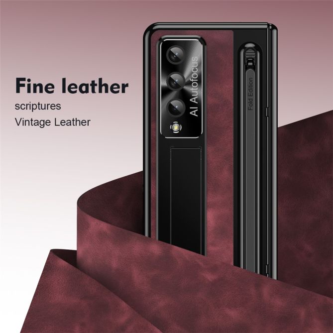 For Samsung Galaxy Z Fold4 5G Retro Phone Case Kickstand Cover with Tempered Glass Film and Stylus Pen
