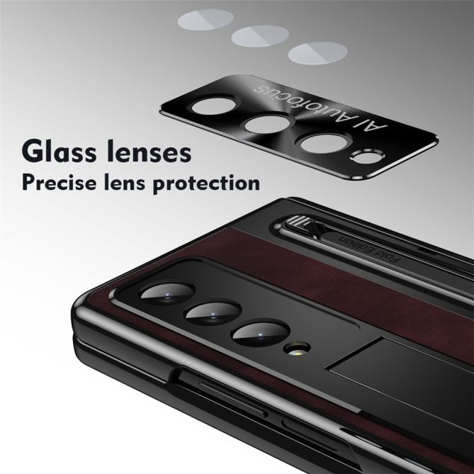 For Samsung Galaxy Z Fold4 5G Retro Phone Case Kickstand Cover with Tempered Glass Film and Stylus Pen