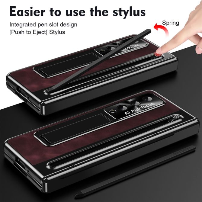 For Samsung Galaxy Z Fold4 5G Retro Phone Case Kickstand Cover with Tempered Glass Film and Stylus Pen