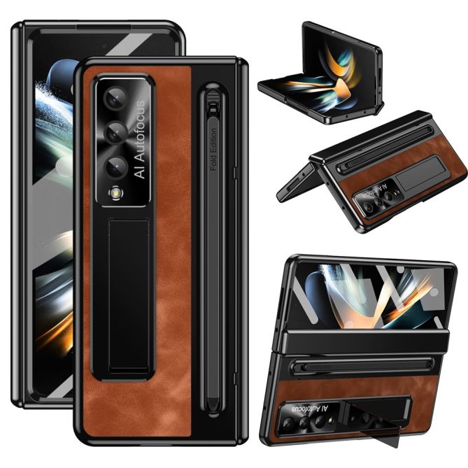For Samsung Galaxy Z Fold4 5G Retro Phone Case Kickstand Cover with Tempered Glass Film and Stylus Pen