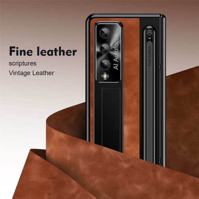 For Samsung Galaxy Z Fold4 5G Retro Phone Case Kickstand Cover with Tempered Glass Film and Stylus Pen