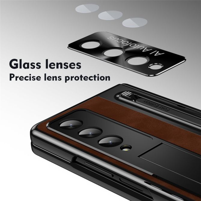 For Samsung Galaxy Z Fold4 5G Retro Phone Case Kickstand Cover with Tempered Glass Film and Stylus Pen