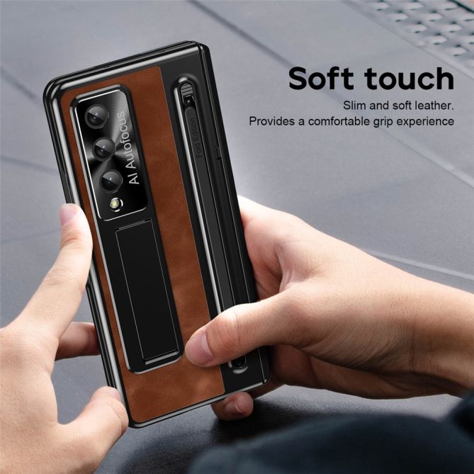 For Samsung Galaxy Z Fold4 5G Retro Phone Case Kickstand Cover with Tempered Glass Film and Stylus Pen