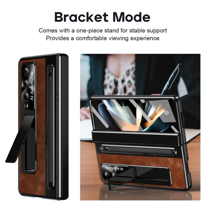 For Samsung Galaxy Z Fold4 5G Retro Phone Case Kickstand Cover with Tempered Glass Film and Stylus Pen
