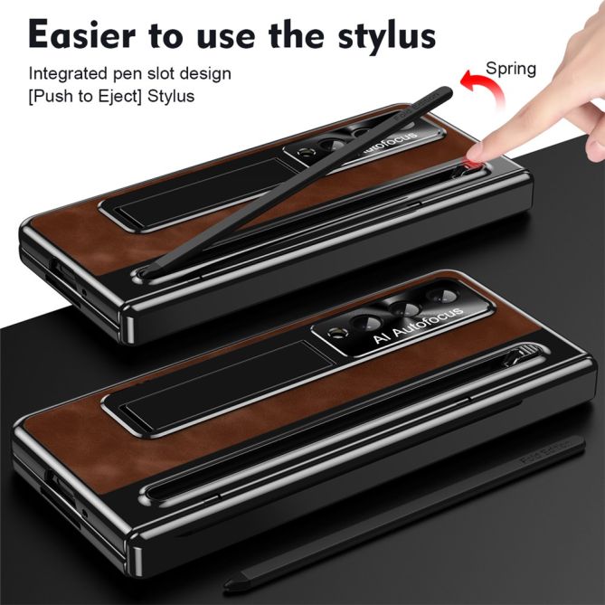 For Samsung Galaxy Z Fold4 5G Retro Phone Case Kickstand Cover with Tempered Glass Film and Stylus Pen