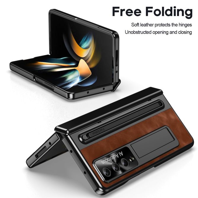 For Samsung Galaxy Z Fold4 5G Retro Phone Case Kickstand Cover with Tempered Glass Film and Stylus Pen