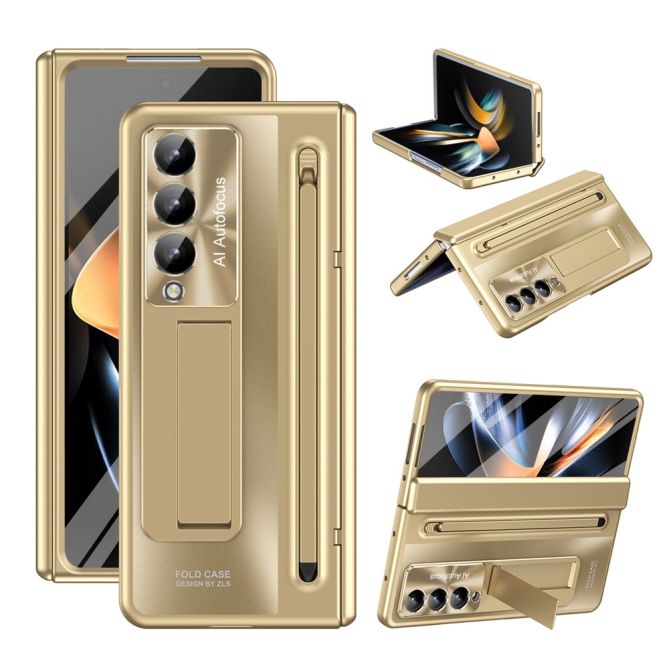 For Samsung Galaxy Z Fold4 5G Kickstand Case Hinge PC Phone Cover with Tempered Glass Film, Stylus