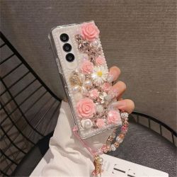 For Samsung Galaxy Z Fold4 5G Case Faux Pearl Decor Rhinestone Flower Hard PC Phone Cover with Bracelet